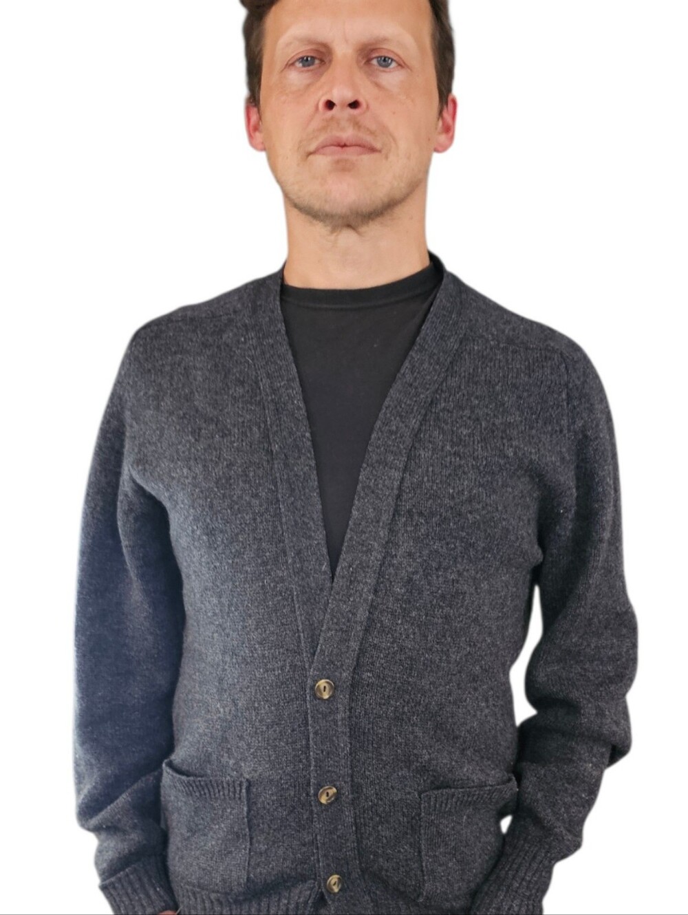 Men's Savile Row Gray Button Front Shetland Wool Cardigan Sweater 70s 80s Medium